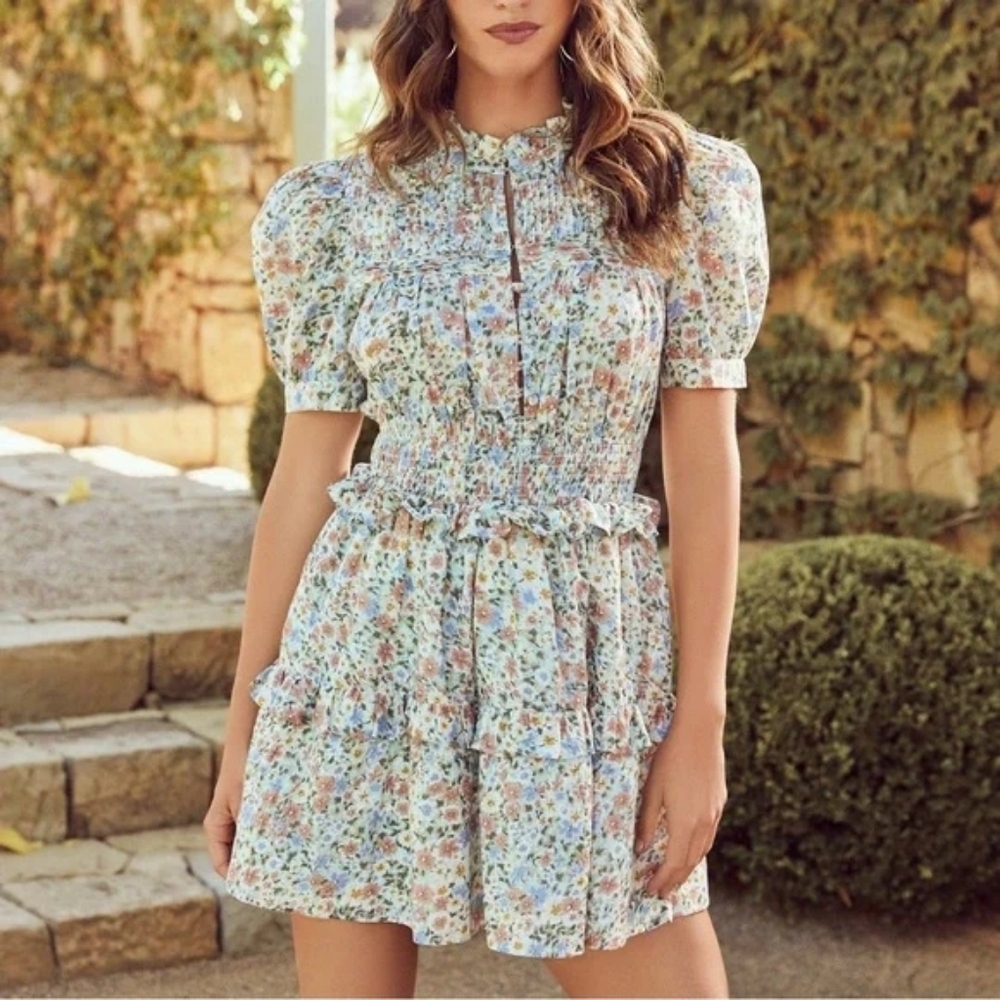 Vici Floral Mini Dress in Light Blue and Cream
